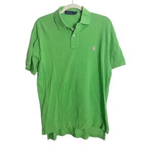Polo Ralph Lauren Green Polo‎ Shirt Pink Pony Logo M Preppy Short Sleeve